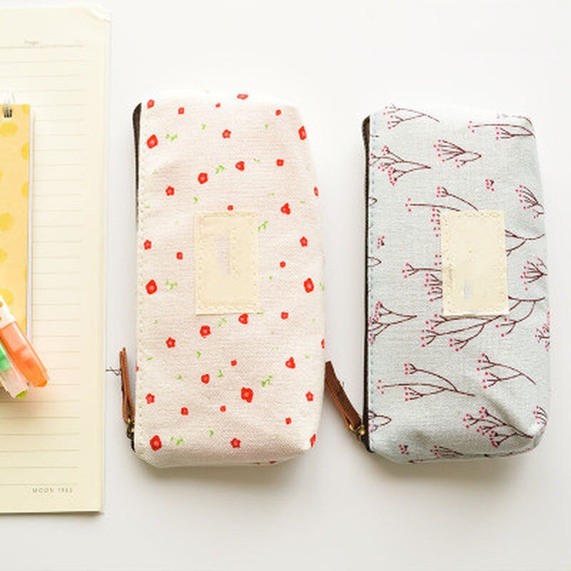 Canvas Zipper Pencil Cases Cute Kawaii Floral Flower Lovely Fabric Flower Tree Pen Bags School Supplies