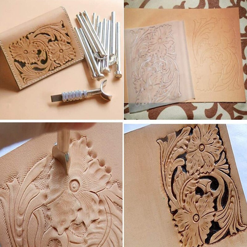 28PCS Leather Embossing Tools Manual Craft Carving Kit Stamps Set DIY Punch Wooden Hammer Embossing Beveler Tools Kit