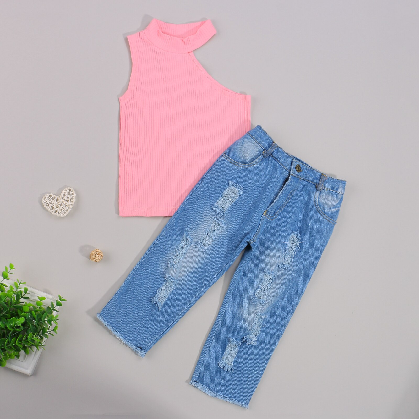 Conjunto de ropa de para niñas de 1 a 6 años, top de punto sin mangas con hombros descubiertos y pantalones vaqueros rasgados, ropa de verano para niñas