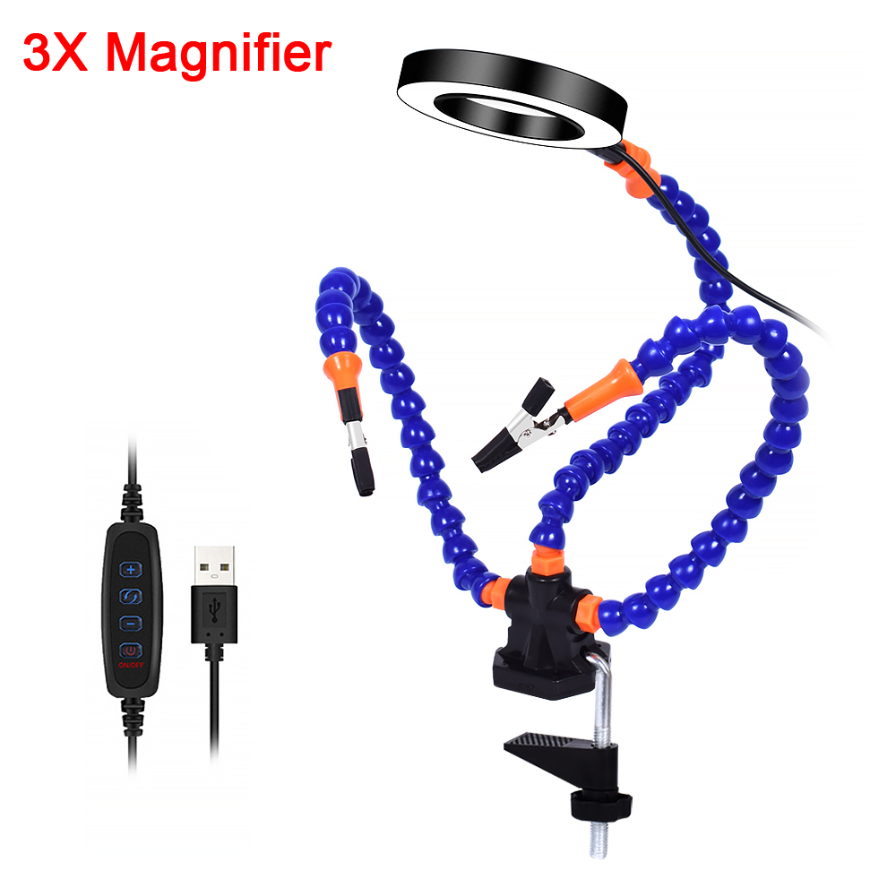 NEWACALOX Soldering Iron Holder PCB Clip Welding Repair Fixture Tool USB 3X LED Magnifier Soldering Flexible Arm Third Hand: N-SN3SB-USB