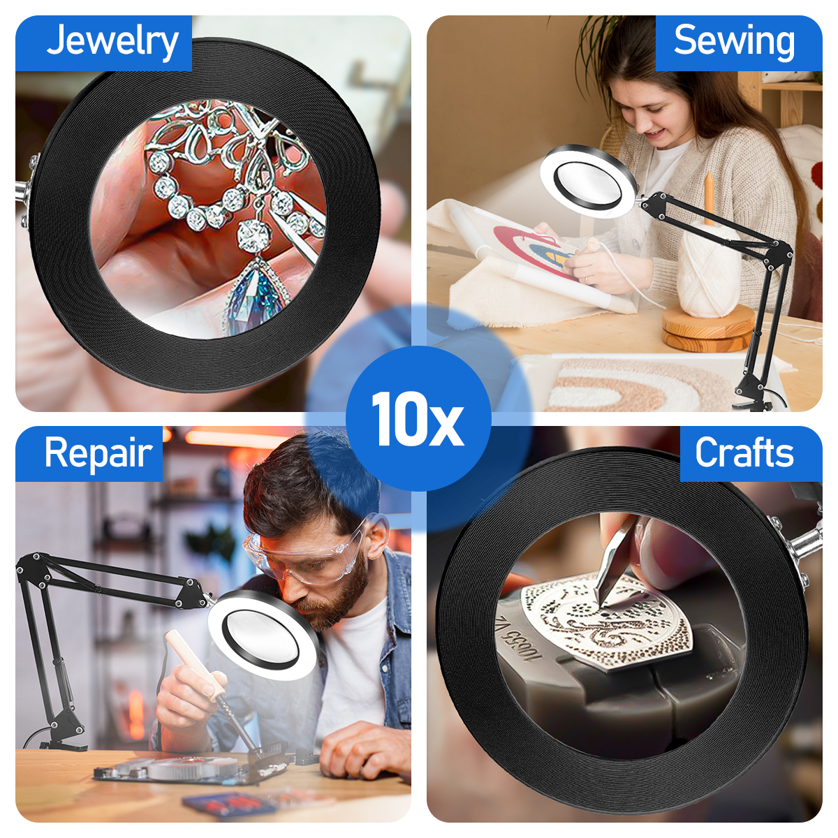 10x LED-vergrootglas bureaulamp met licht en klem, 3 kleurmodi verstelbare draaiarm - vergrootlamp voor lezen van dichtbij werken