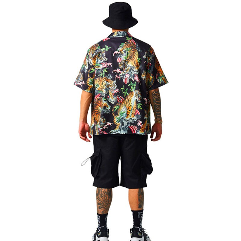 Skjorte med tigerprint til mænd sommer etnisk trend kortærmet top high street streetwear hawaiianske strandskjorter