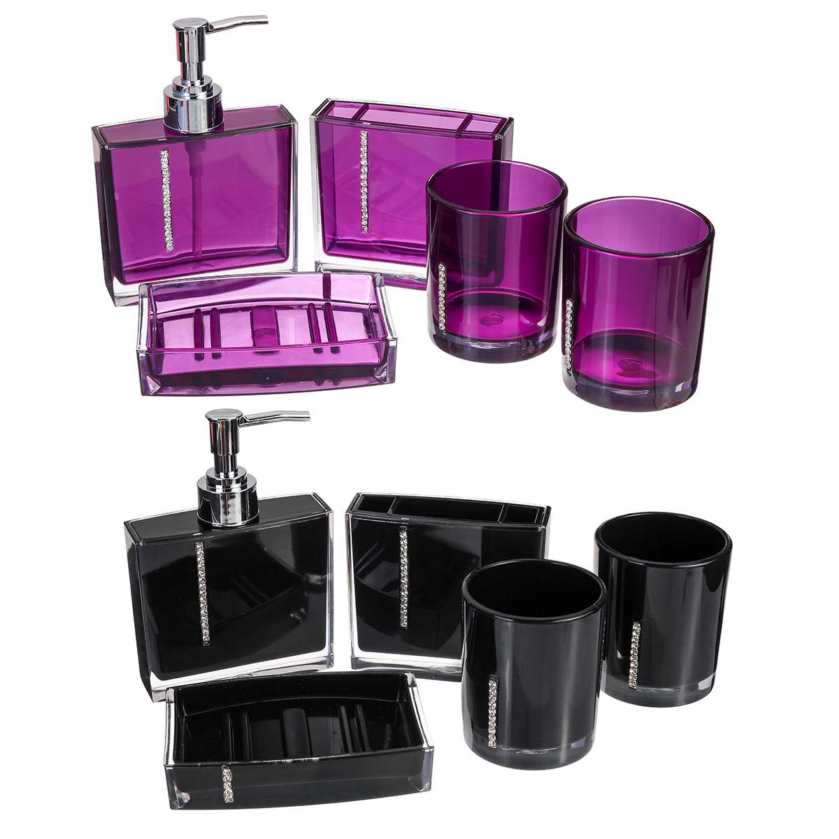 5PCS Acrylic Bathroom Accessories Set Soap Dispenser/Toothbrush Holder/Emulsion Bottle/2 Cups Purple Black Bathroom Shower Kit
