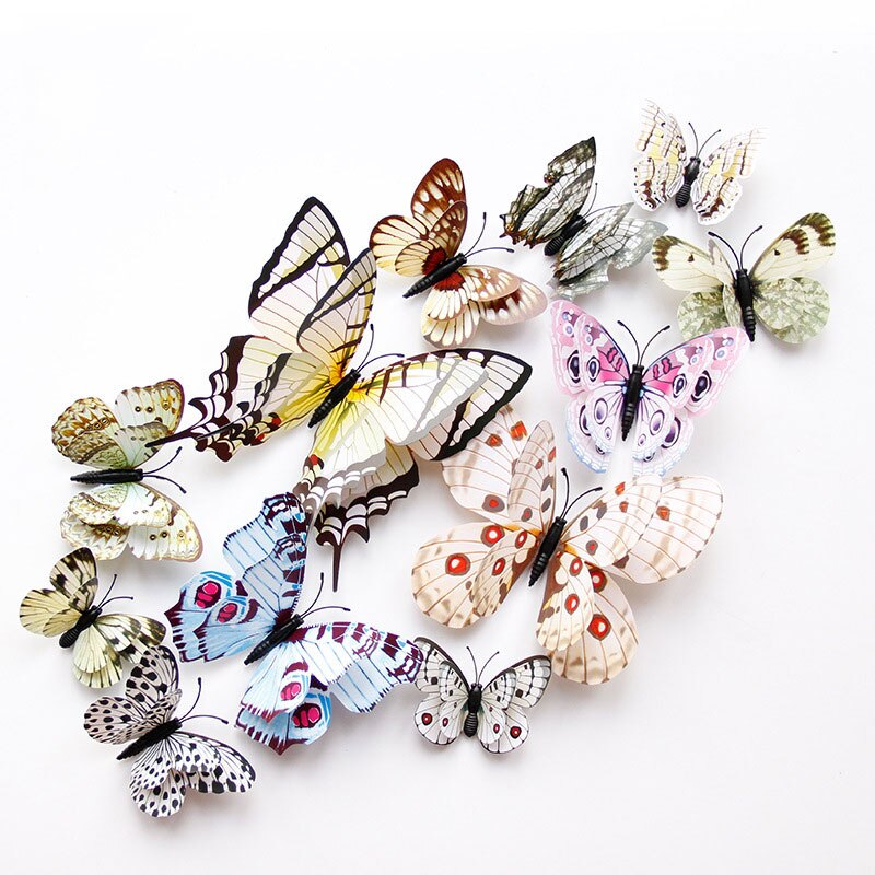 3D Vlinder Magneet Muur Sticker 12 Stuks Multicolor Dubbele Laag Vleugels Creatieve Butterflie Woondecoratie Accessoires 3D Stickers: Plain