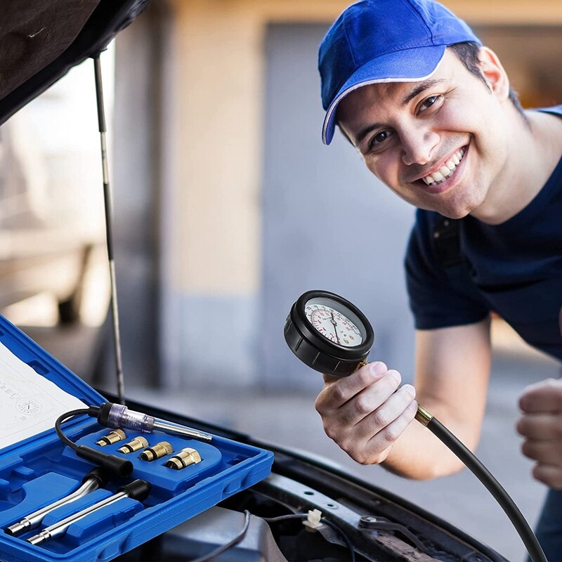 9PCS Universal Automotive Compression Tester Kit and Spark Plug Tester, for Car, Motorcycle Engine Testing Tools, Blue