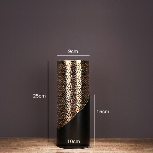 Lys luksus metal guld hul hul cylindrisk keramisk vase enkelt blomsterarrangement hotel model kunst dekoration ornamenter: B