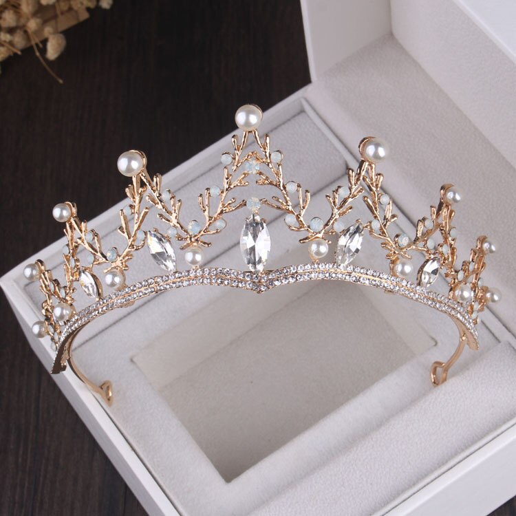 Barroco do vintage pérolas de cristal folha conjuntos de jóias de noiva tiaras strass coroa colar brincos casamento dubai conjunto de jóias: 1Pcs Crown