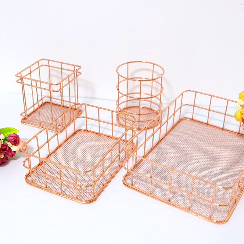 Panier de rangement en fer forgé Rose doré, panier de rangement en métal, porte-stylo, de bureau, de papeterie de finition