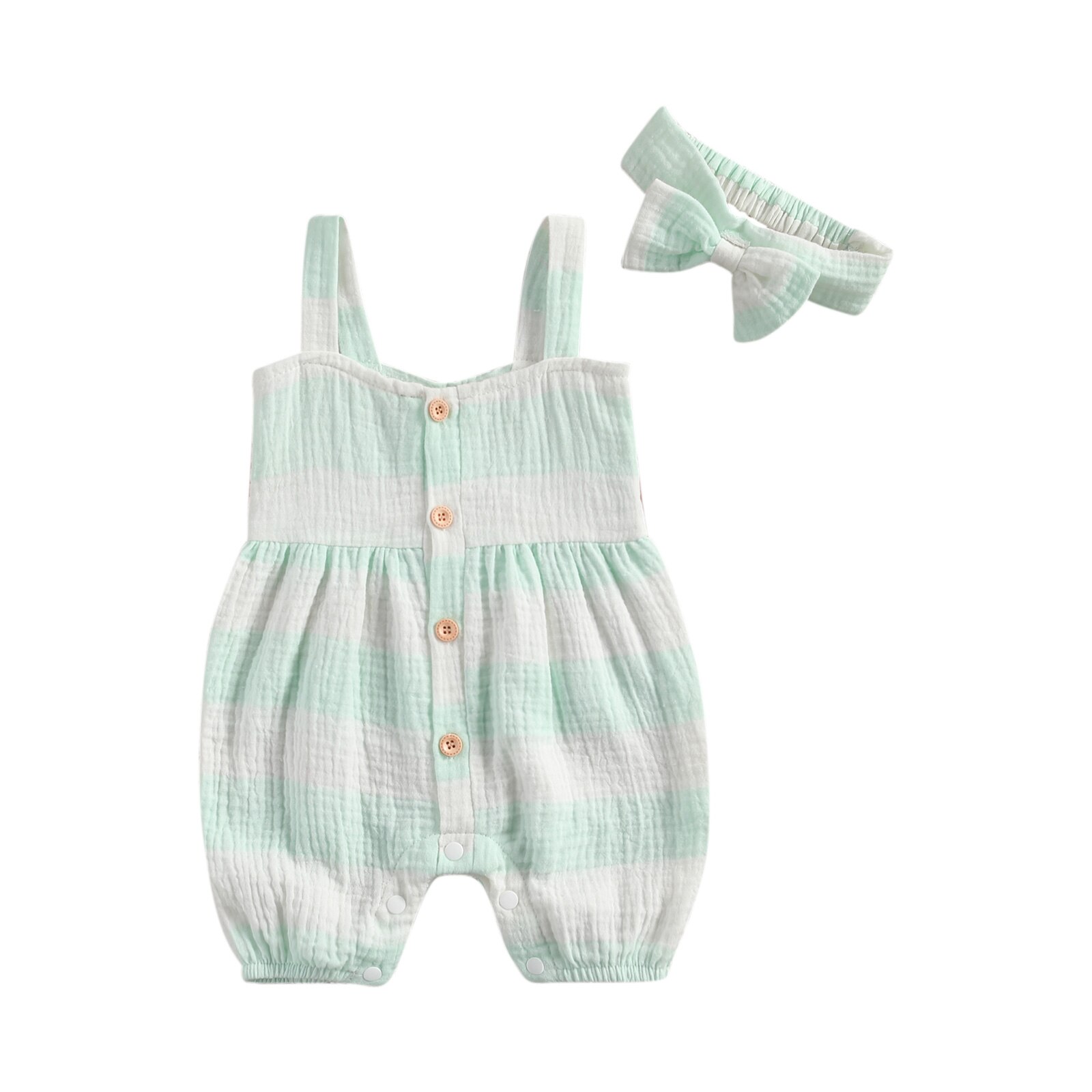 Zomer Mooie Baby Meisjes Jongens Rompertjes Gestreepte Print Mouwloze Knop Jumpsuits Hoofdband 0-24M 2 Kleuren Populaire Outfits: Blauw / 6m