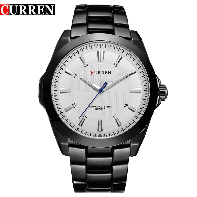 Merk curren eenvoudige wijzerplaat klassieke horloges volledig stalen quartz heren polshorloge zilveren klok reloj hombre: Zwart wit