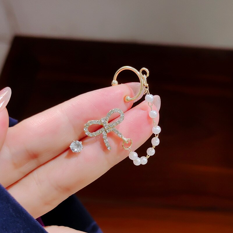 Asymmetrische Lange Kwast Ketting Manchet Oorbellen Voor Vrouwen Meisjes Vlinder Oor Botten Clip Oorhaak Oorbellen Sieraden Party: 12  (1pc)