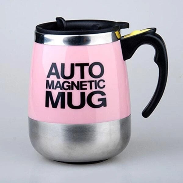 Taza de auto agitación 401-500 Ml taza de mezcla antiquemaduras magnetizada de acero inoxidable con tapa taza de mano MugWirh tapa para café leche: PINK