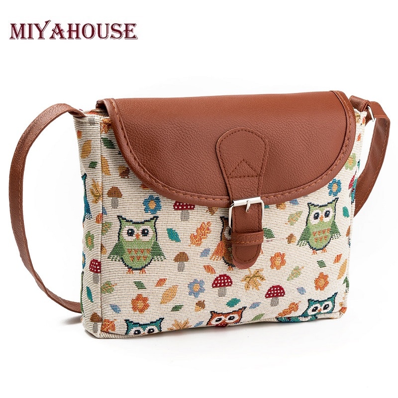 Miyahouse-Bolso con estampado de búho para mujer, bandolera con solapa de lona, bolsos de hombro tipo bandolera de dibujos animados, pequeños