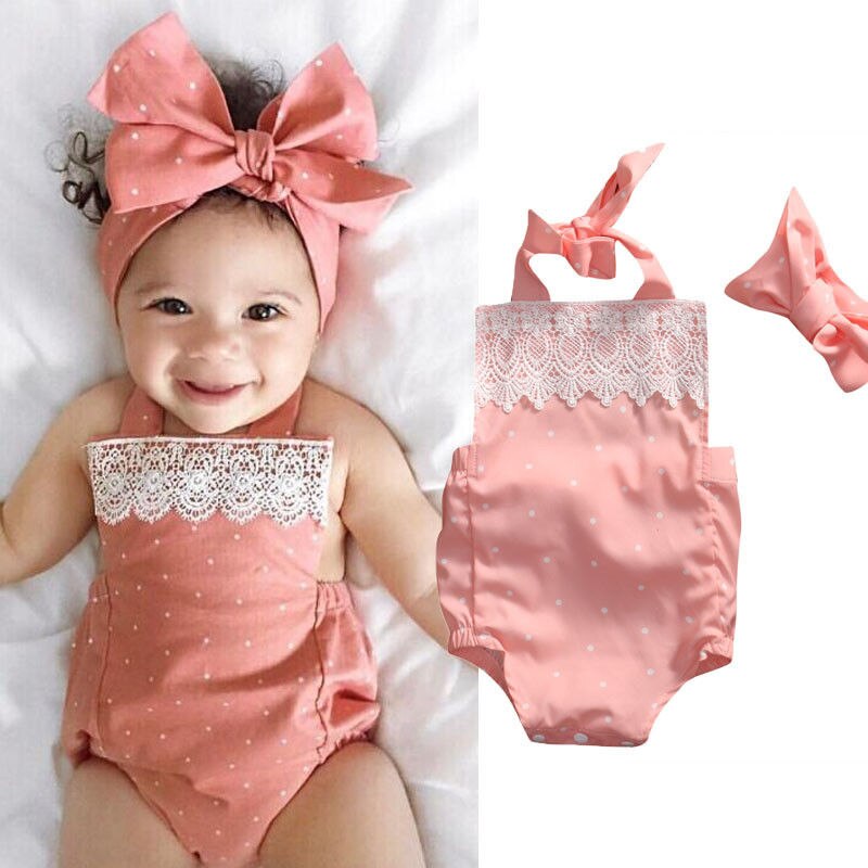 Pasgeboren Baby Baby Meisjes Zomer Mooie Mooie Romper 2 Stuks Mouwloze Lace Dot Print Roze Backless Jumpsuits Hoofdband 0-18M