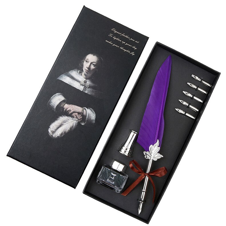 Retro veer dip pen schrijfinktset schrijfwarendoos met 5 pennenpunten bruiloft veer vulpen moederdag: Vulpen -k