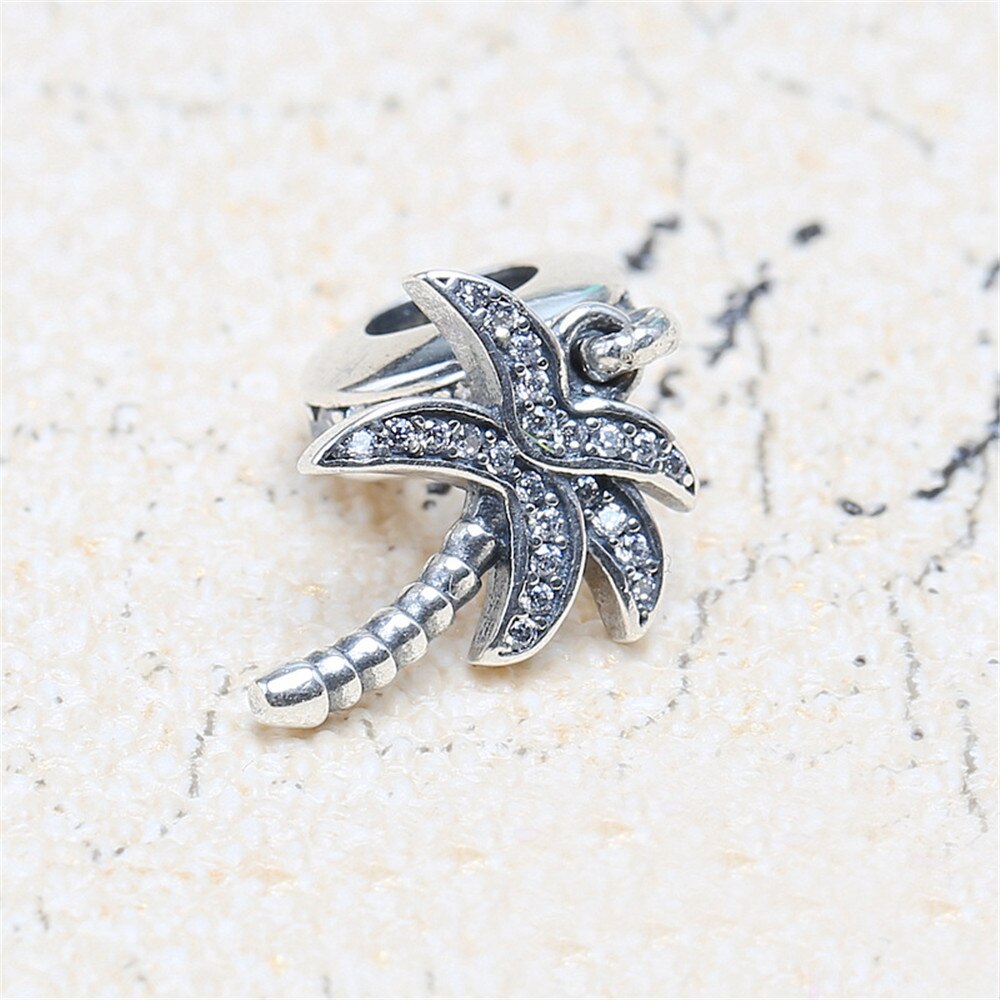Genuine 925 Sterling Silver Bead Charm Vintage Palm Tree With Crystal Pendant Beads Fit pan Bracelet & Necklace Jewelry