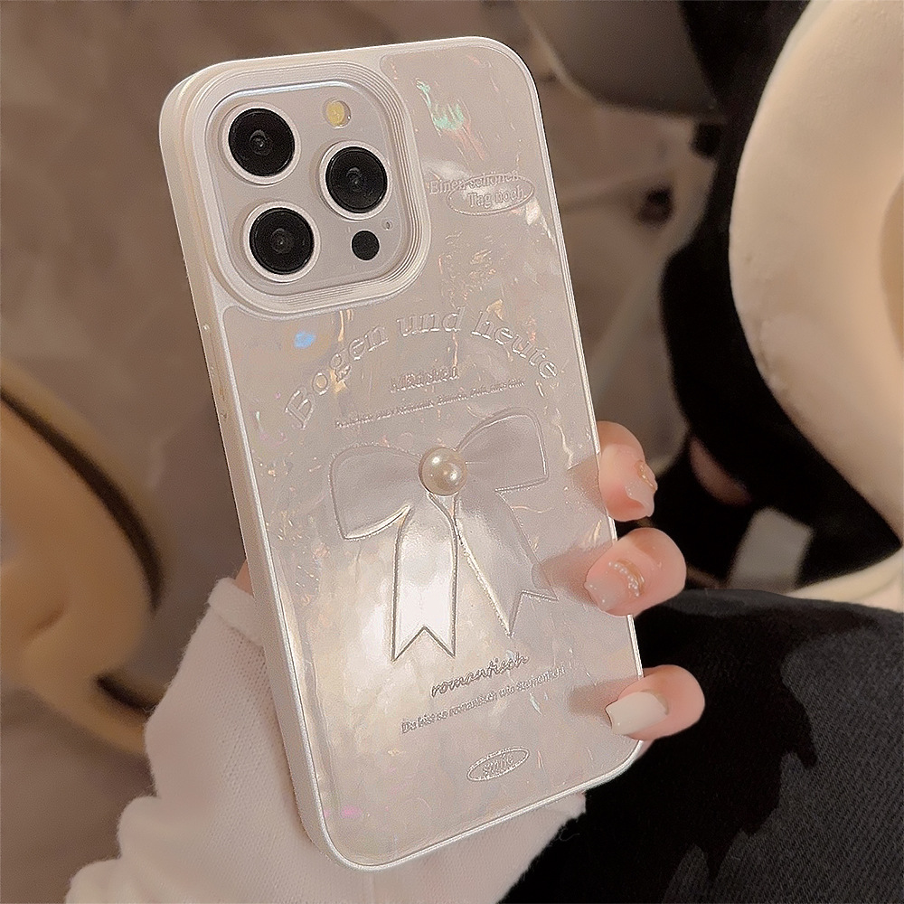 Cute White Bow Phone Case For iPhone 15 14 13 12 11 Pro Max Hanging Silicone Shockproof Bumper Cover 3D Three-dimensional Pearl: PP / black