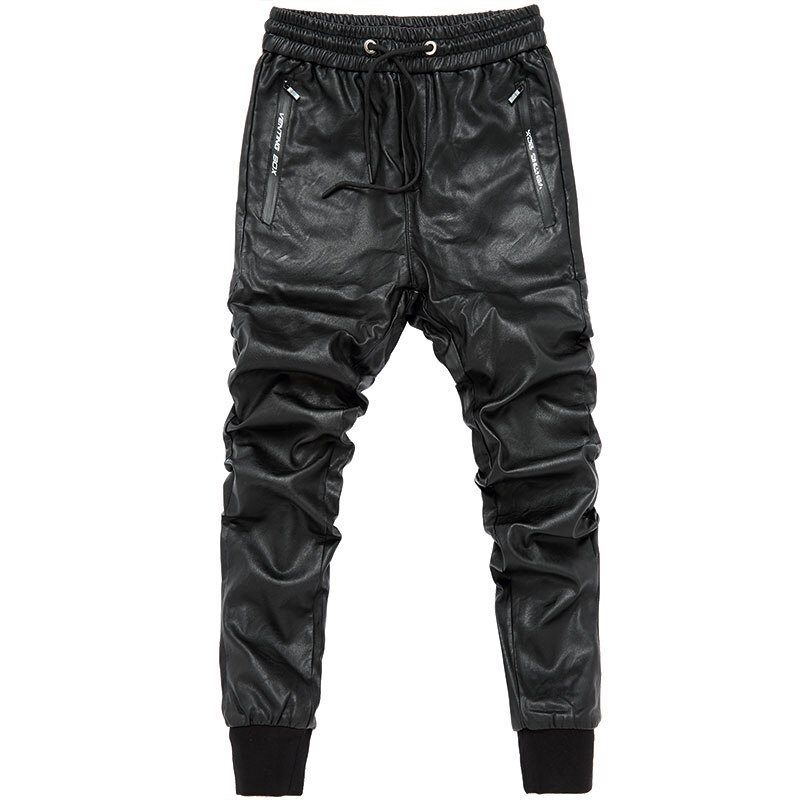 men streetwear leather pants casual slim fit washing locomotive pants mens feet Joggers: 33