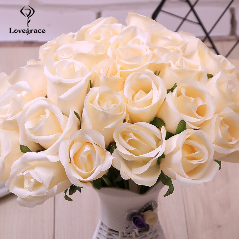 Lovegrace Rose Bouquet Flower Artificial Silk 12 Heads Rose Bridesmaid Hold Flower Bouquet Champagne Pink Home Wedding Decor