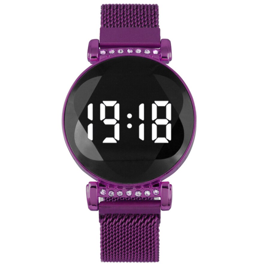 Meisjes trend elektronisch dameshorloge casual ronde led touchscreen dameshorloge magneetband damesstudentenhorloge: Paars