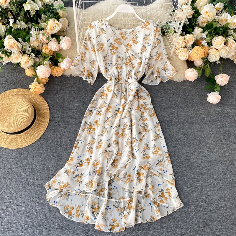 Yuoomuoo Bloemenprint Tube Chiffon Jurk Vrouwen Mode Elastische Taille Ruches Midi Jurk Zomer Lady Chic Strand Jurk