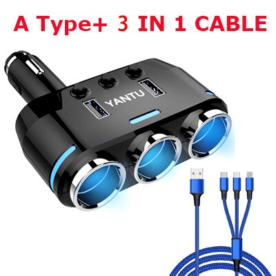Bil gadget produkter bil cigarettænder stik splitter stik led usb oplader adapter med usb til iphone hurtig oplader 5v/3a: Et type 3 i 1 kabel