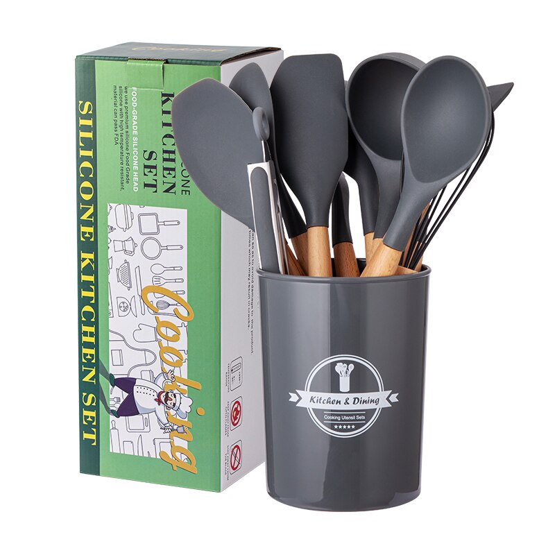 12Piece Silicone Cooking Kitchen Utensils Set Nylon Utensils Stainless Steel Cooking Utensil Set: Gray