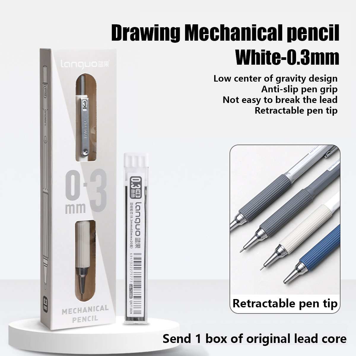 impostato di matite automatiche (1 penna + 1 mina), 0,3 mm/0,5 mm/0,7 mm, per disegnare, scrivere quotidiane, materiale scolastico, regali natalizi: bianca