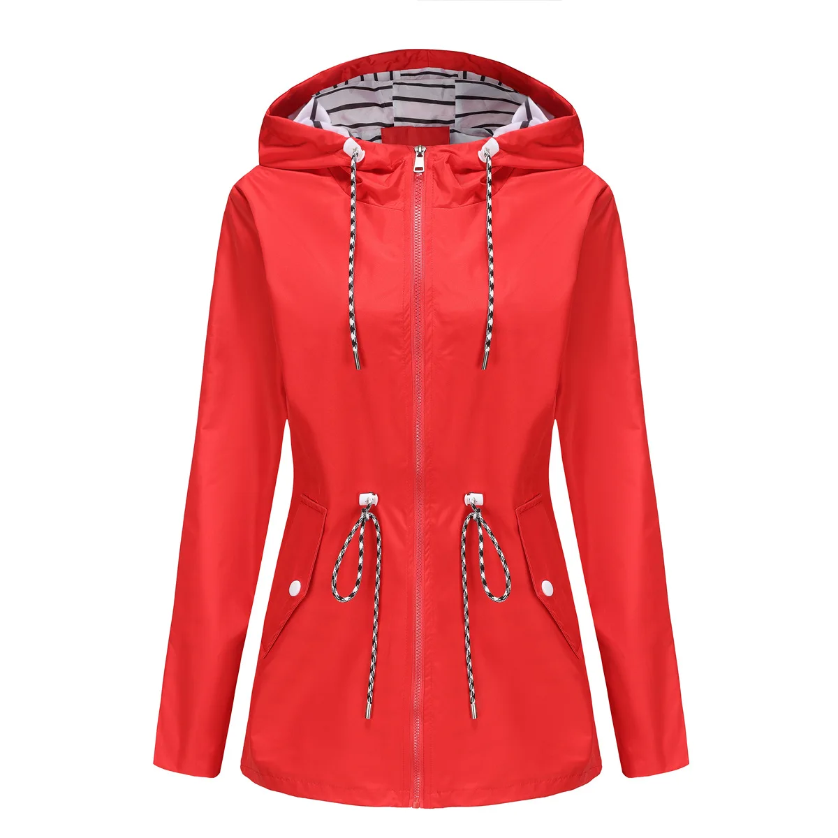 Blue Waterproof Hooded Jacket Women Casual Coat Waist Drawstring Tie Zipper Switch Red Green Yellow Black Windbreaker: S / Red