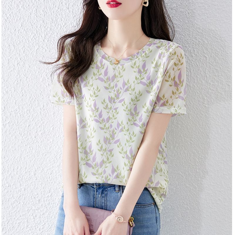 Zomer Koreaanse Stijl Bloemen Casual Trui Vrouwelijke Elegante Mode Print Korte Mouw Tops Vrouwen Chiffon Zweet Femme Kleding: XXXL / green