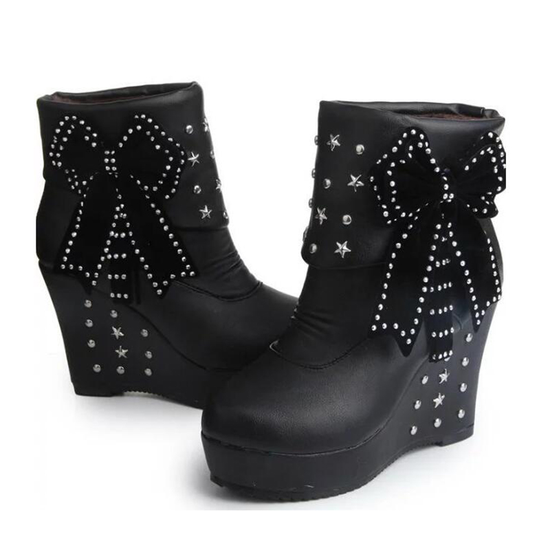 Covoyyar Wedge Laarzen Kralen Winter Vrouwen Schoenen Platform Warm Bont Schoenen Vrouw Enkel Witte Snowboots WBS4015: blackbow / 6.5