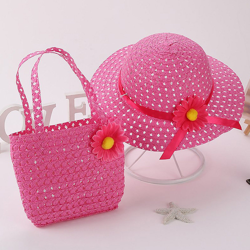 Girls Sun Flower Straw Hat Handbag Set Cute Lovely Princess Summer Beach Outdoor Travel Pure Color Sun Hat: 19