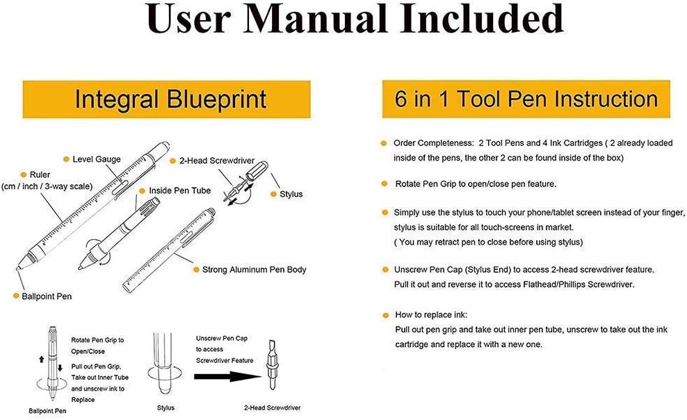 Multi Tool Pen 6 In 1 Metal Tech Pen With Ruler Level Screwdriver Condenser Tip Refillable Bubble Level and Ruler Ballpoint pen