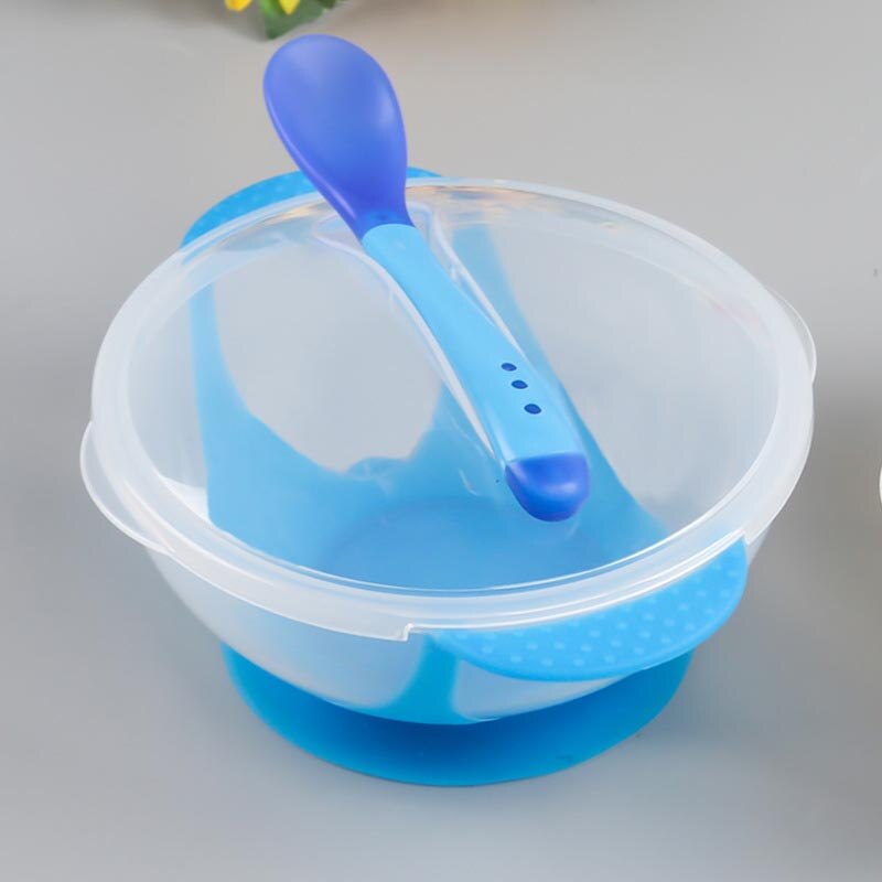 3 stks/set Baby Speelgoed Servies Servies Zuig Kom met Temperatuur Sensing Lepel Baby Food Grade Voerbak Bijtring Speelgoed: Blauw