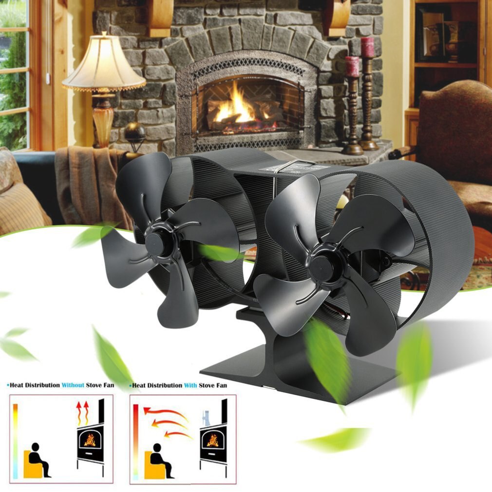 Dual Head 8 Blades Powered Stove Fan Aluminium Silent Eco-Friendly For Wood Log Burner Fireplace Fan