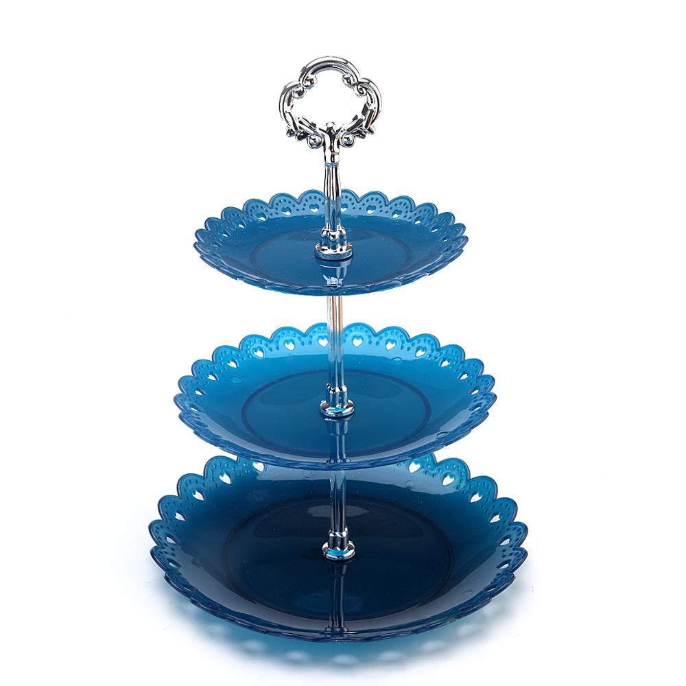 3 Tier Plastic Cake Stand Afternoon Tea Wedding Plates Party Tableware Cake Tray Display Rack Cake Decorating Tools: Blue