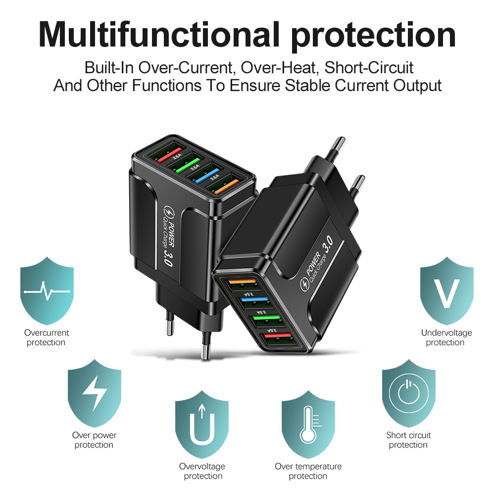 45W USB phone Charger 4 Ports QC3.0 Quick Charge 3.0 4.0 Universal Wall Fast Charging Adapter For iPhone Mobile Phone Chargers