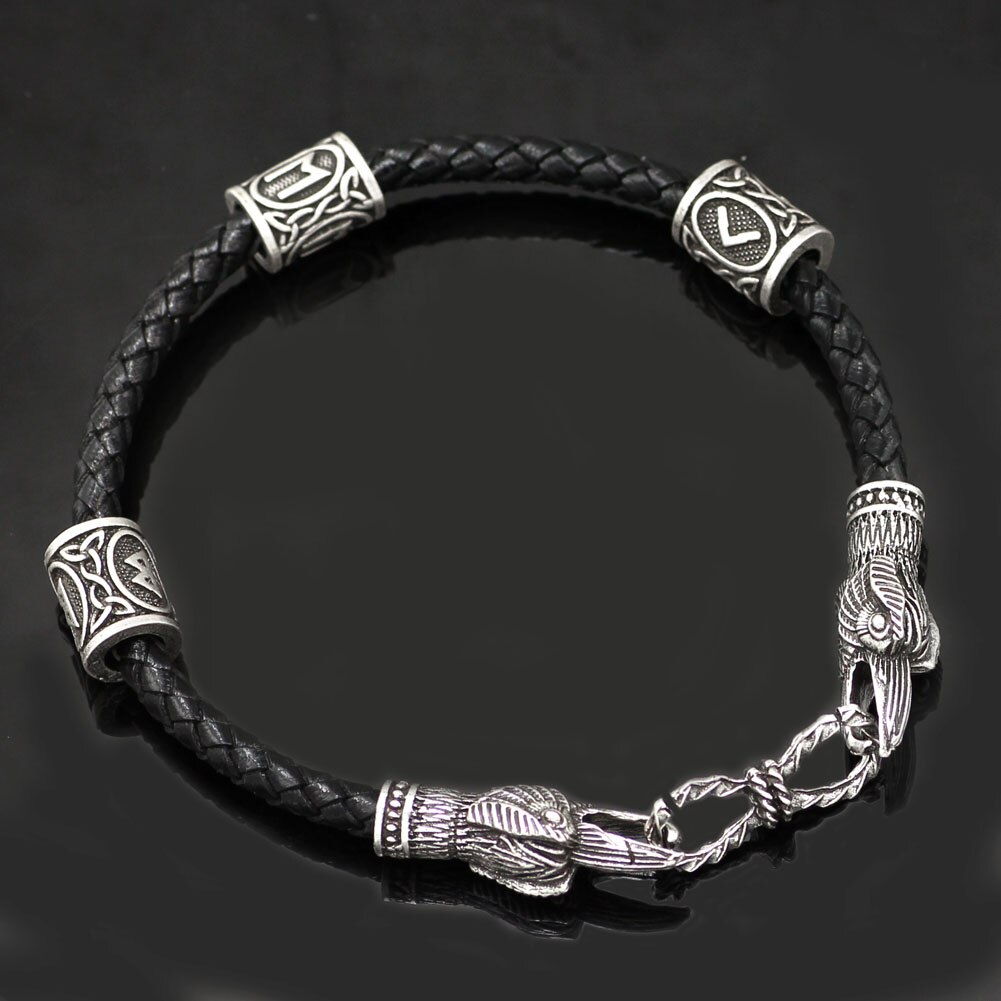 Viking Real Leather Amulet Odin Raven Bracelet with Viking Knot Amulet Bag In 3 Size Suite for Man and Women