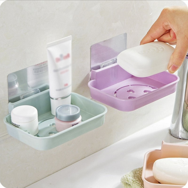 1pc Seamless Trace Wall-Mounted Soap Box Hollow Smile Face Drainage Soap Dish Tray Bathroom Beautiful Bathroom Storage