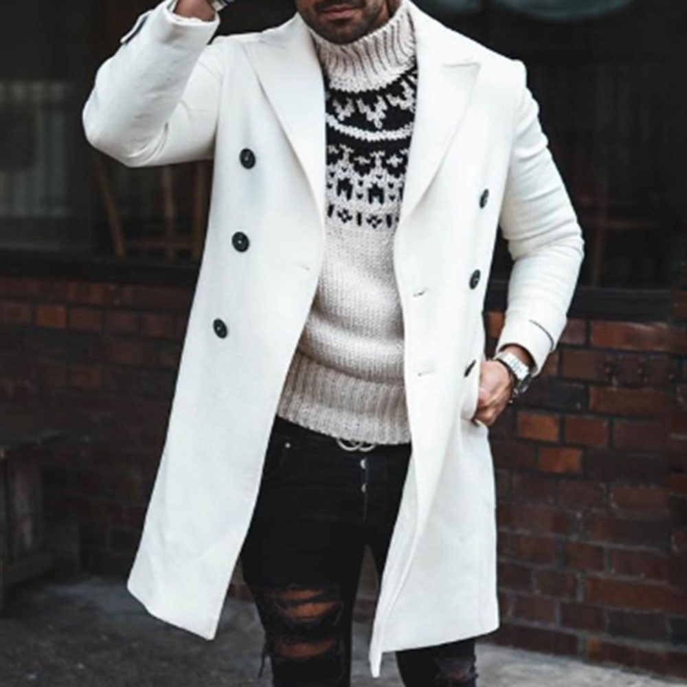 European Men Coat Double-Breasted Color Block Pocket Lapel Long trench oversize outwear casual office jacket winter thin