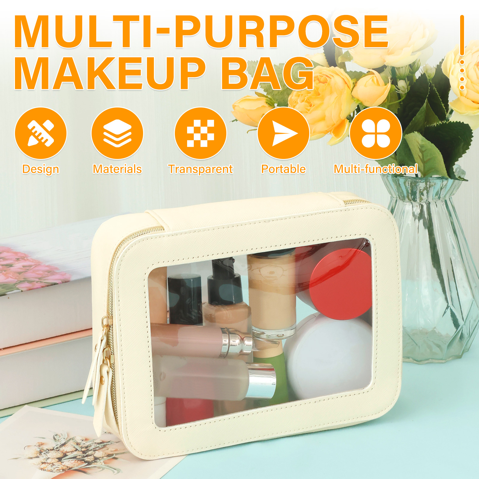 Bolsa de cosméticos pequeña, bolsa de maquillaje transparente de PVC con cremallera, bolsa de aseo impermeable de viaje, organizador de artículos cuadrado multifuncional para mujer