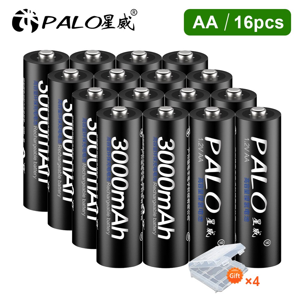 PALO AA Rechargeable battery aa 1.2v Ni-MH AA Batteries Rechargeable Battery 2A batteria for Led flashlight battery: 16Pcs AA