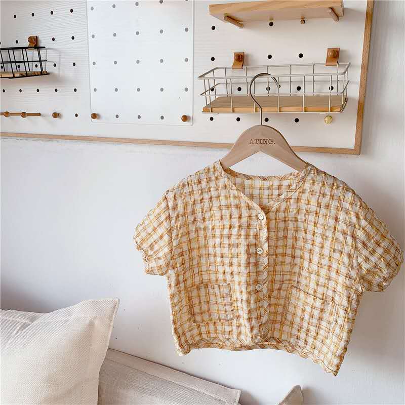 Vêtements pour enfants produits d'été filles été coréen chemise à manches courtes à carreaux à bulles d'été: Jaune / 120cm