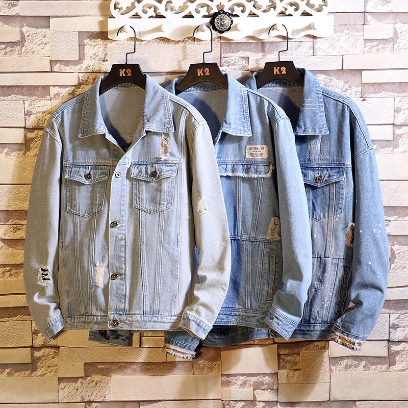 Men's clothing man coats Jeans Casual loose Ripped Holes Vintage Bomber Denim Jacket