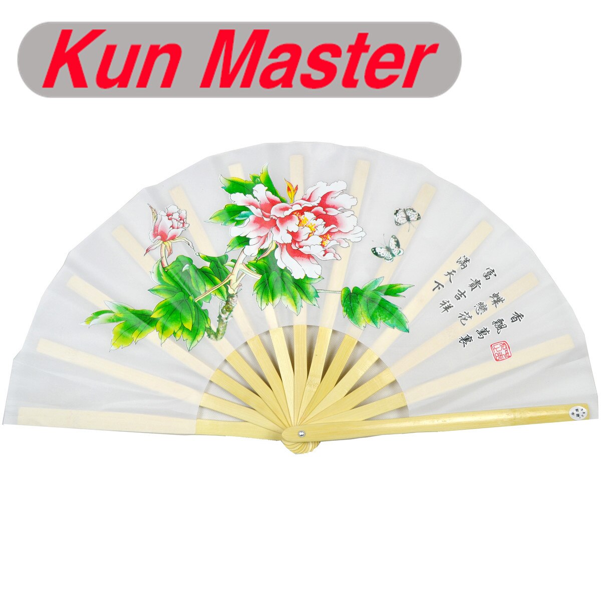Kun Master 34 Cm Bamboe Chinese Kung Fu Tai Chi Fan Met Pioen Wit