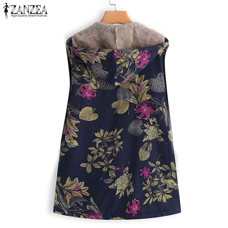 Winter Vintage Bloemen Gedrukt Jas Jassen ZANZEA Herfst Rits Uitloper Vrouwen Capuchon Katoenen Faux Pluizige Warme Jassen Oversize