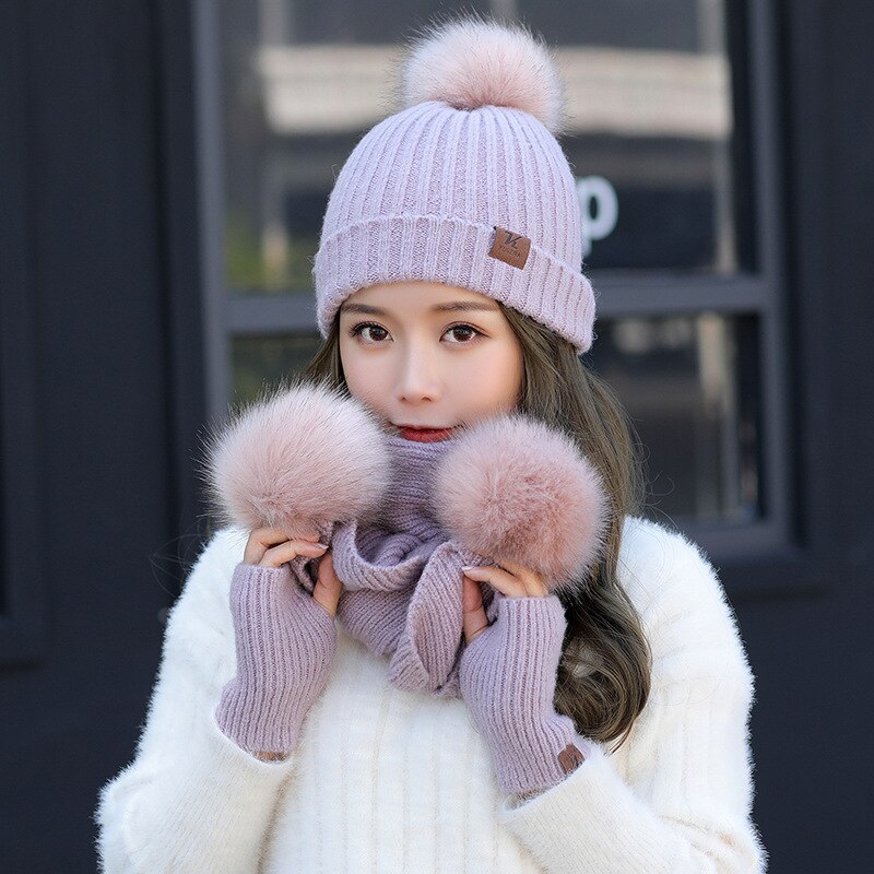 , conjunto de guantes de lana para invierno, bufanda, conjunto de guantes gruesos para mujer, gorro y bufanda suave, gorro para chicas, Gorro con pompón de bola: purple