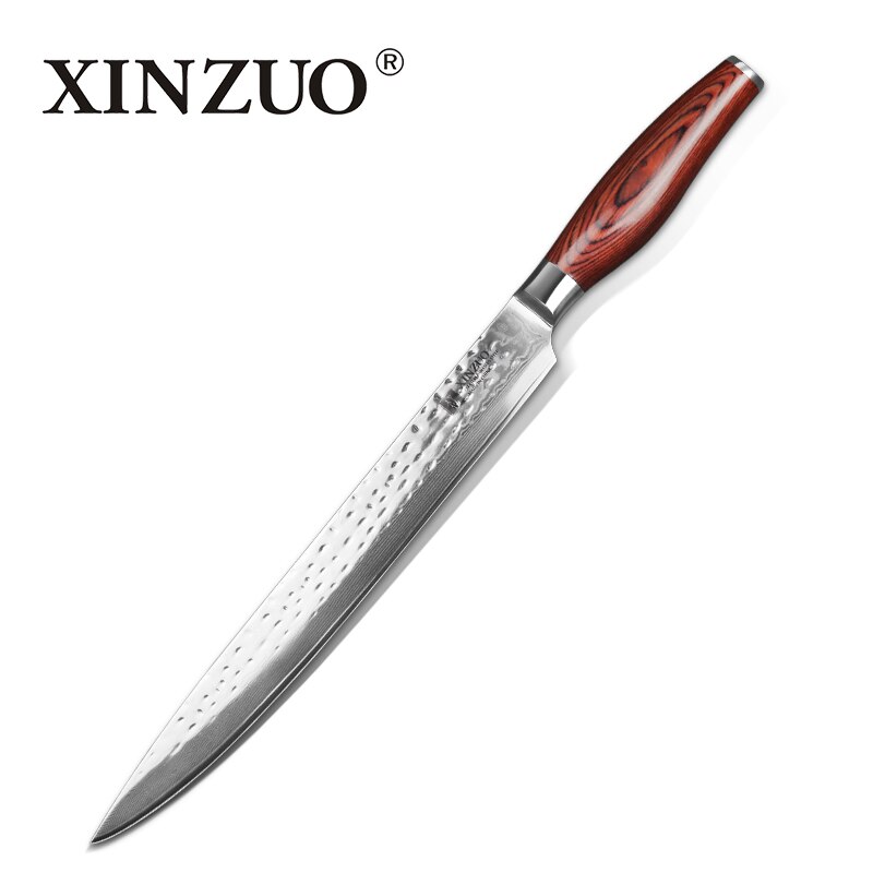 XINZUO 10" inch Cleaver Knife Damascus Steel Kitchen Slicing Knife Japan Kitchen Tool VG10 Sashimi Sushi Knives Pakkawood Handle: Red Handle