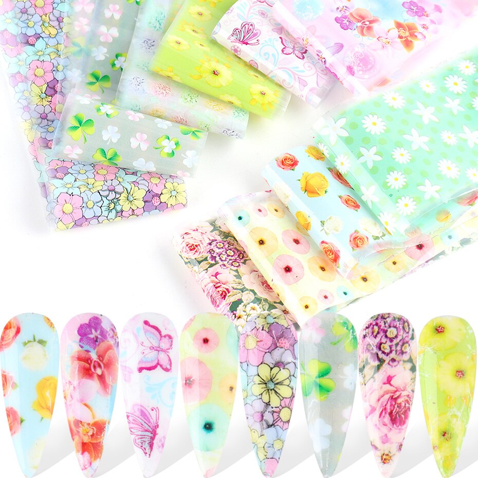 10 pcs Gradient Nail Folie Starry Papier Lente Zomer Bloemen Transfer Decals Nail Art Stickers Zelfklevend Nail Decoraties SA798-C