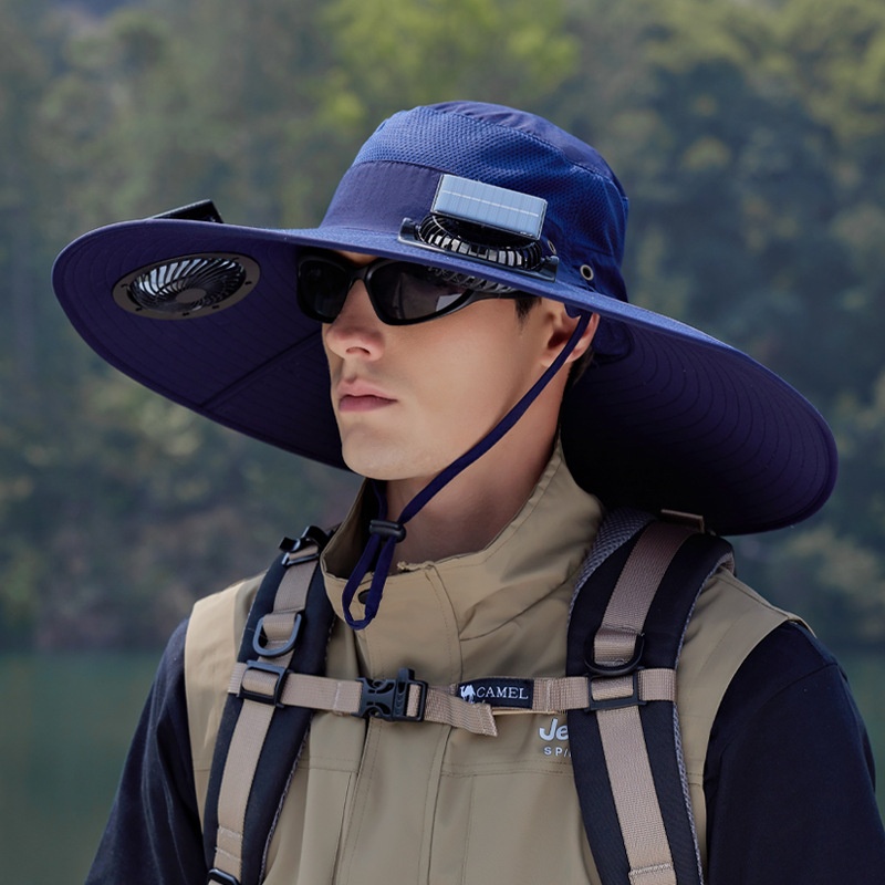 Sombrero de verano con doble ventilador con energía solar para senderismo al aire libre, pesca, sombrero con sombrilla, sombrero de pescador impermeable de secado rápido con alero grande: Gris oscuro